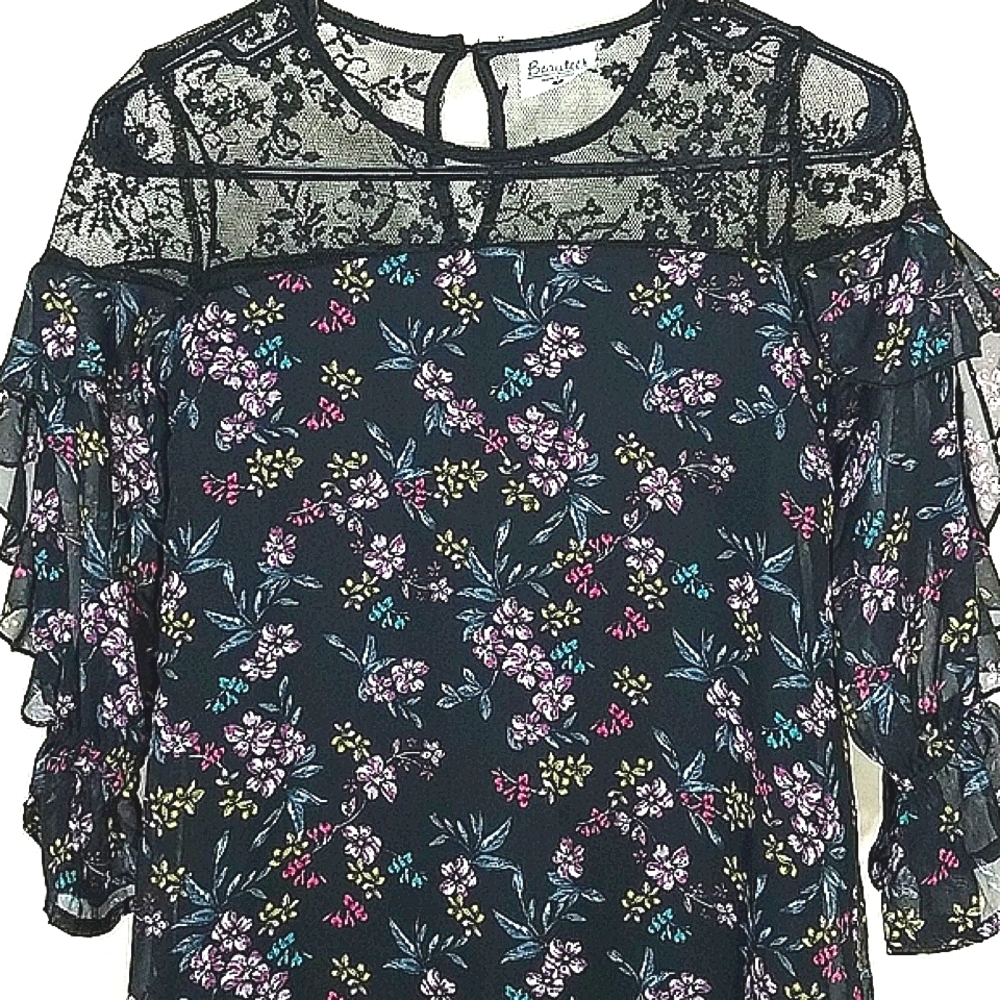 Dress 3/4 long sleeve ruffle lace floral print lined chiffon Whimsigoth Fairy - Picture 2 of 9